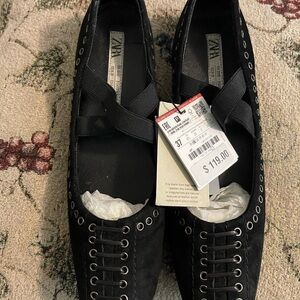 Zara Black Flats with Lace-Up Detail